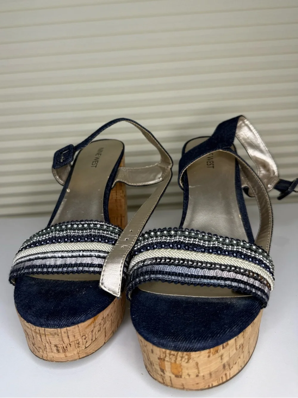 Nine West Navy and Cork Platform Sandals with Beaded Straps